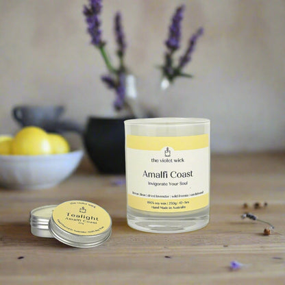 Amalfi Coast Soy candle and tealight from The Violet Wick