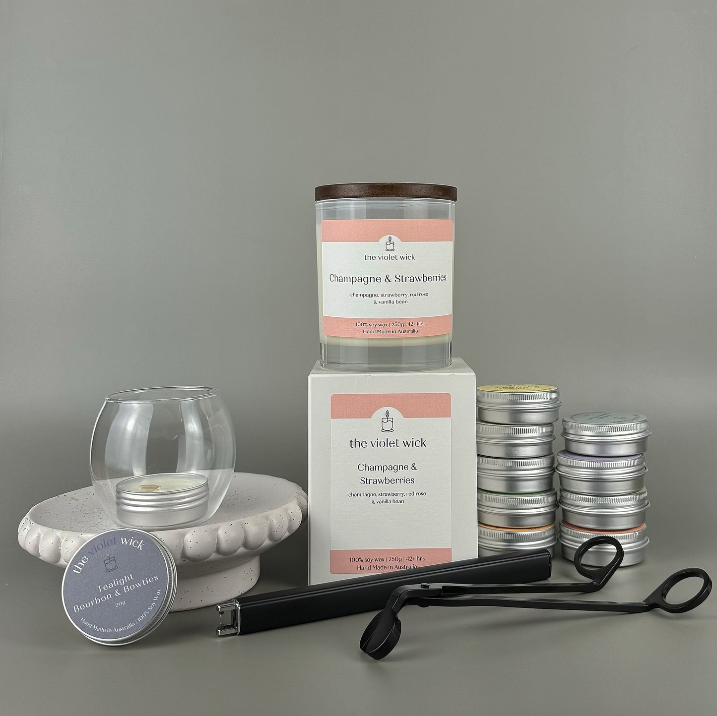 Candle Starter Bundle from The Violet Wick, wick trimmer, tealights, laser lighter and large candle