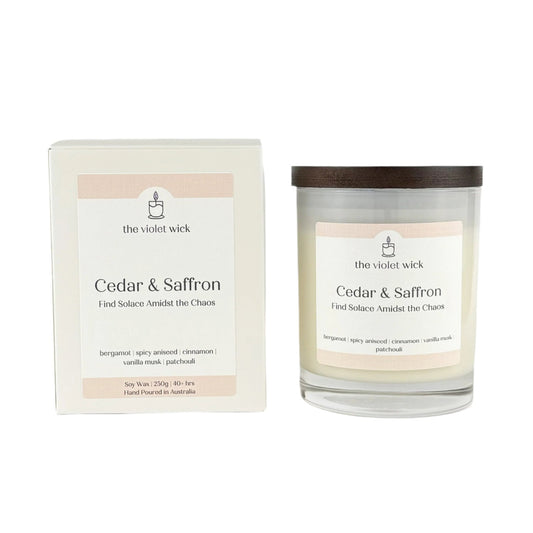 Cedar & Saffron soy candle from The Violet Wick