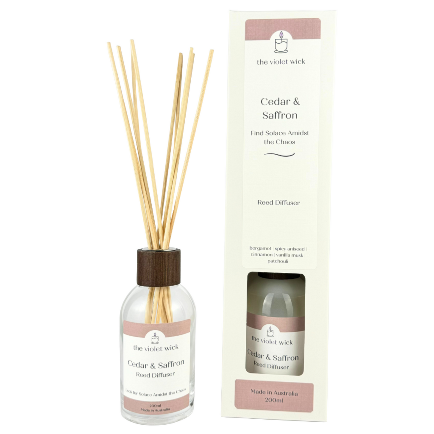 Cedar & Saffron reed diffuser from The Violet Wick