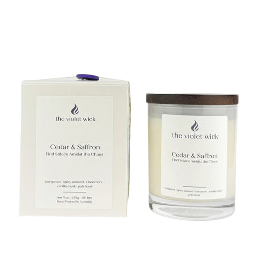 Cedar & Saffron soy candle from The Violet Wick