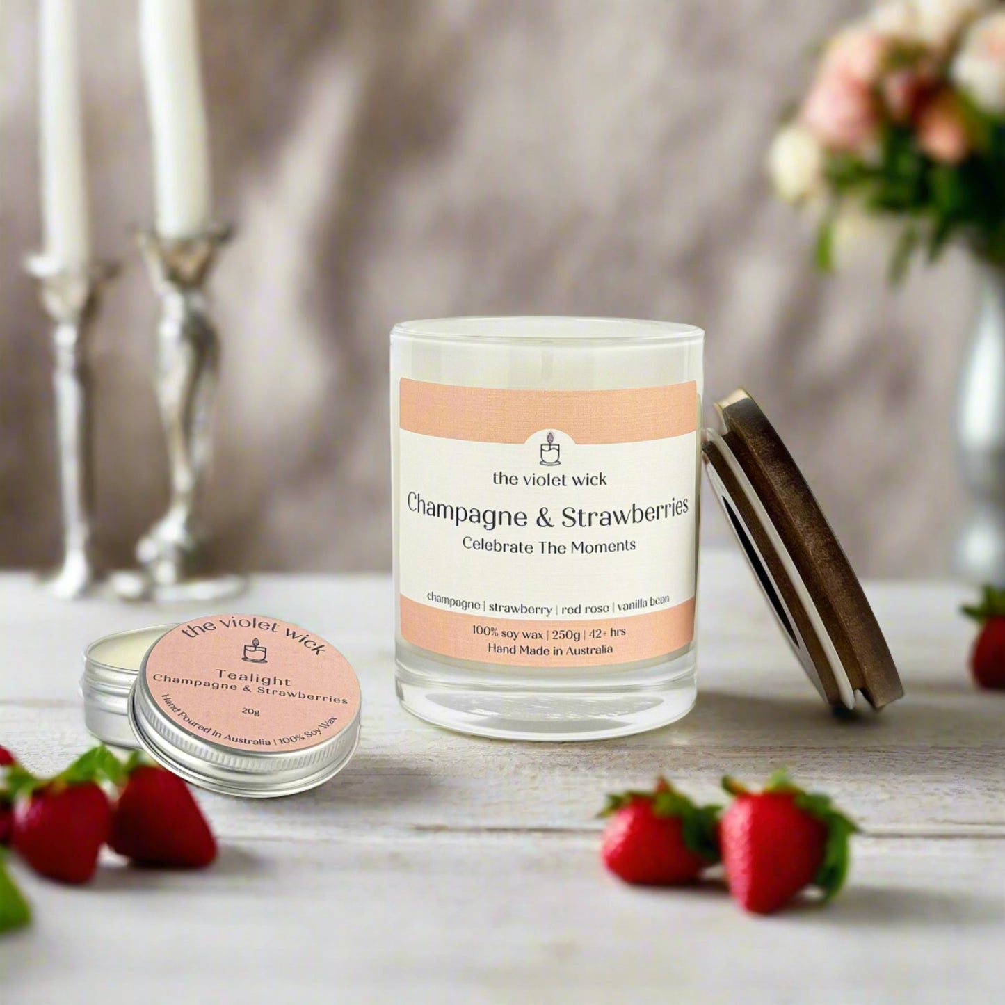 Champagne & Strawberries Soy candle and tealight from The Violet Wick
