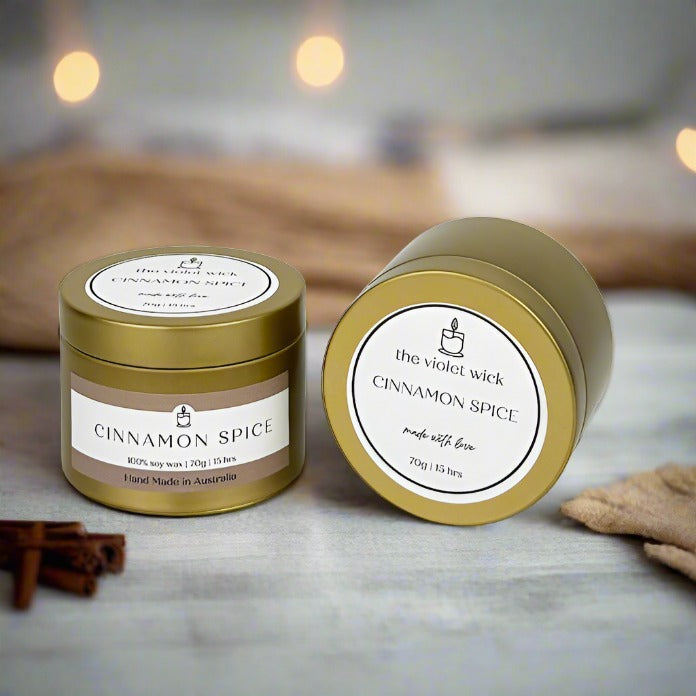 Cinnamon Spice Soy Candle in gold tin from The Violet Wick