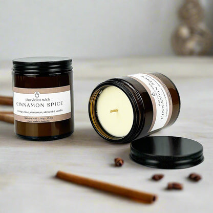 Cinnamon Spice Soy Candle in Amber Jar from The Violet Wick