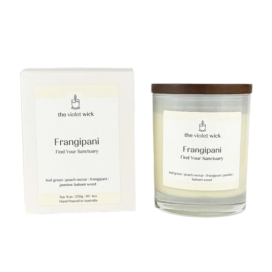 Frangipani Soy Candle | peach nectar, frangipani, jasmine, leaf green & balsam wood