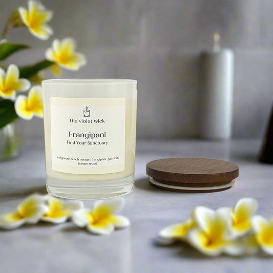 Frangipani Soy Candle | peach nectar, frangipani, jasmine, leaf green & balsam wood