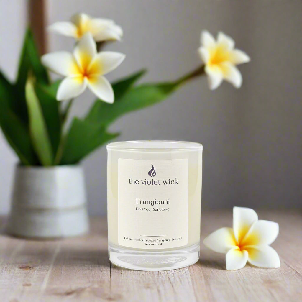 Frangipani Soy Candle | peach nectar, frangipani, jasmine, leaf green & balsam wood