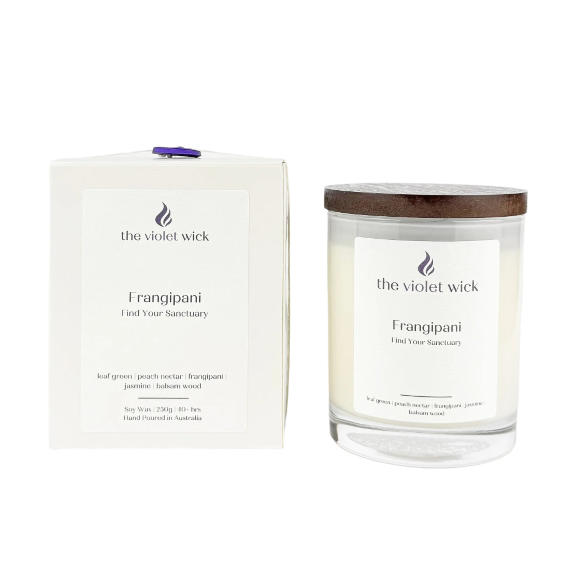 Frangipani Soy Candle | peach nectar, frangipani, jasmine, leaf green & balsam wood