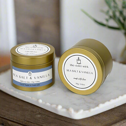 Sea Salt & Vanilla soy candle in gold tin from The Violet Wick