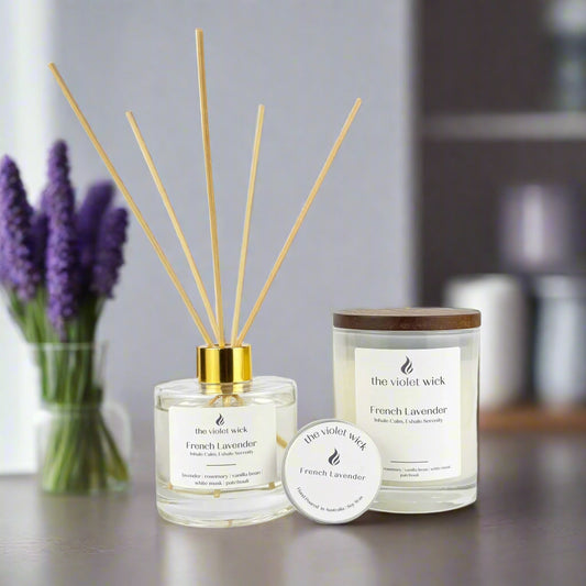 Soy candle, soy tealight and reed diffuser from The Violet Wick