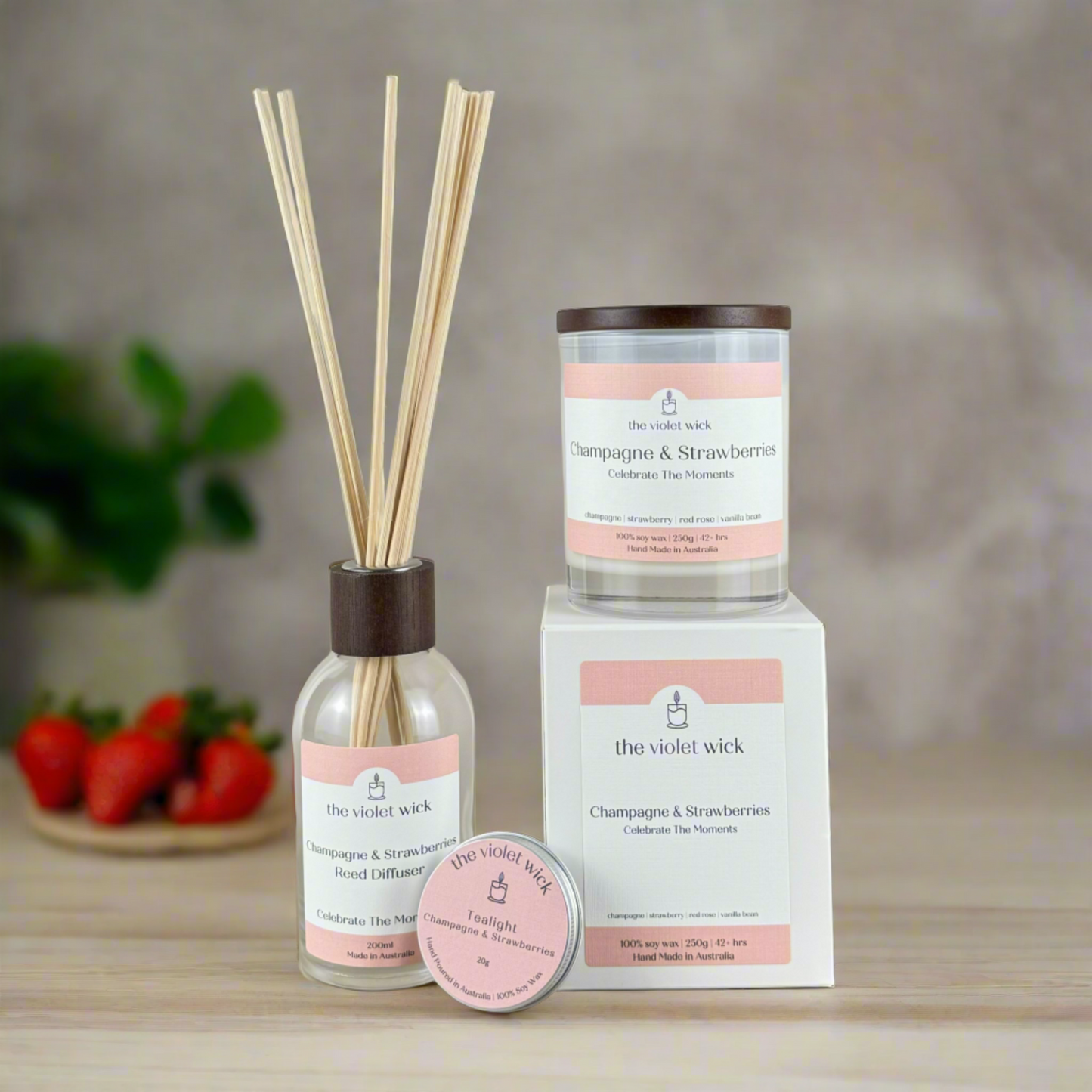 Champagne & Strawberries set of soy candle, reed diffuser and tealight