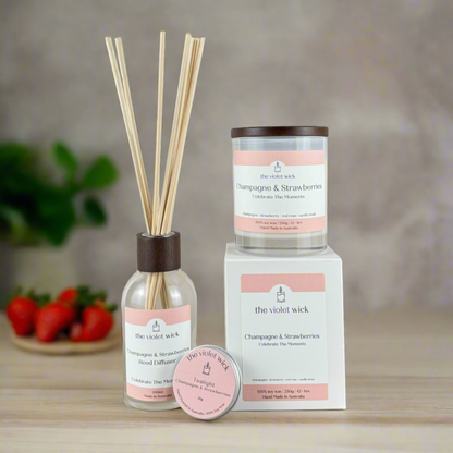 Champagne & Strawberries set of soy candle, reed diffuser and tealight