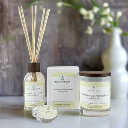 Lemongrass & Persian Lime set of soy candle, reed diffuser and tealight