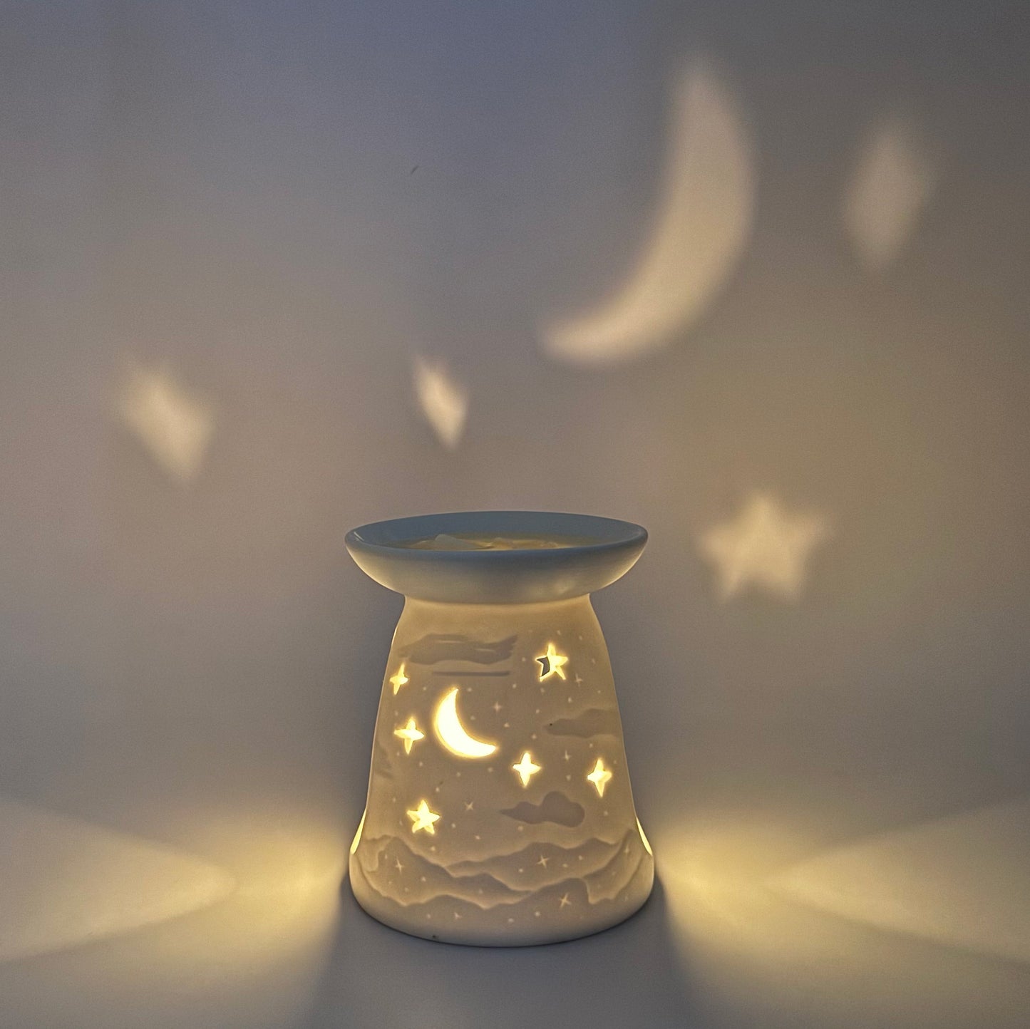 White Porcelain Tealight Burner from The Violet Wick, Moon and Stars design