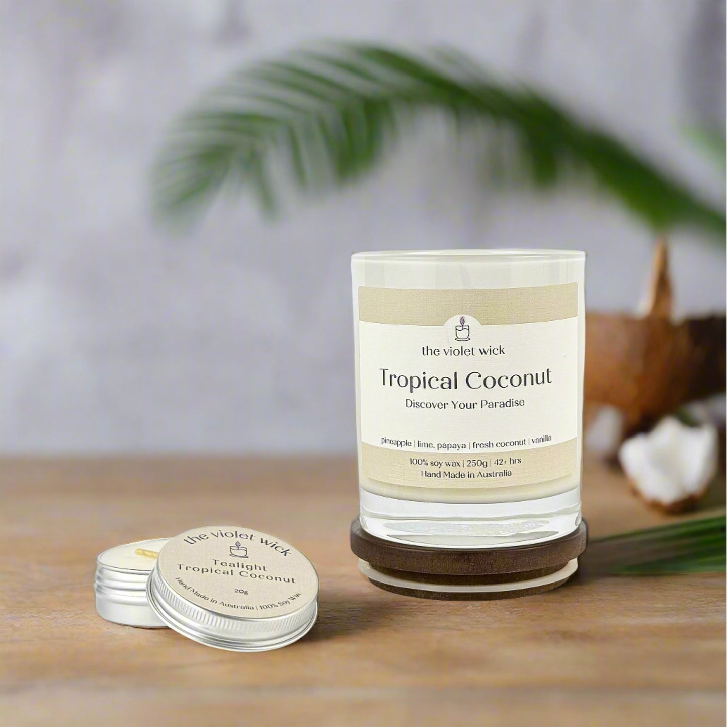 Tropical Coconut Soy candle and tealight from The Violet Wick