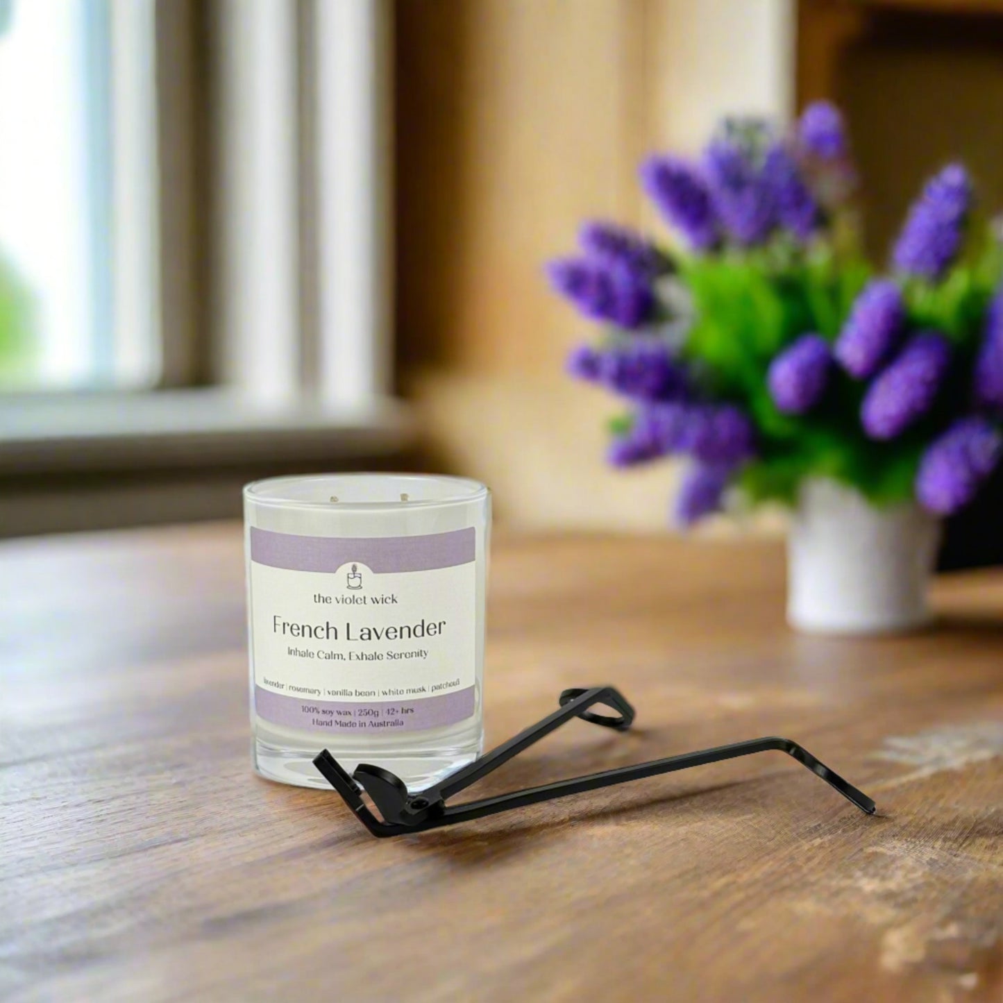 Matt Black wick trimmer and French Lavender soy candle from The Violet Wick