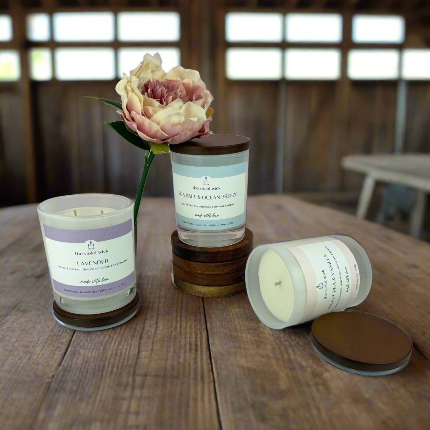 Your Choice soy candle bundle from The Violet Wick, three scented soy candles in glass jar and timber lid, 250g each.